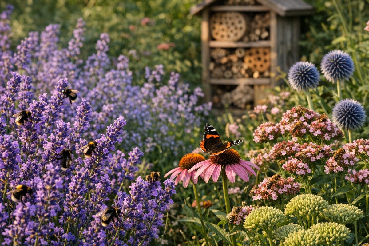 Bivenligt bed med lavendel, solhat, oregano og kugle-tidsel — humlebier og sommerfugle