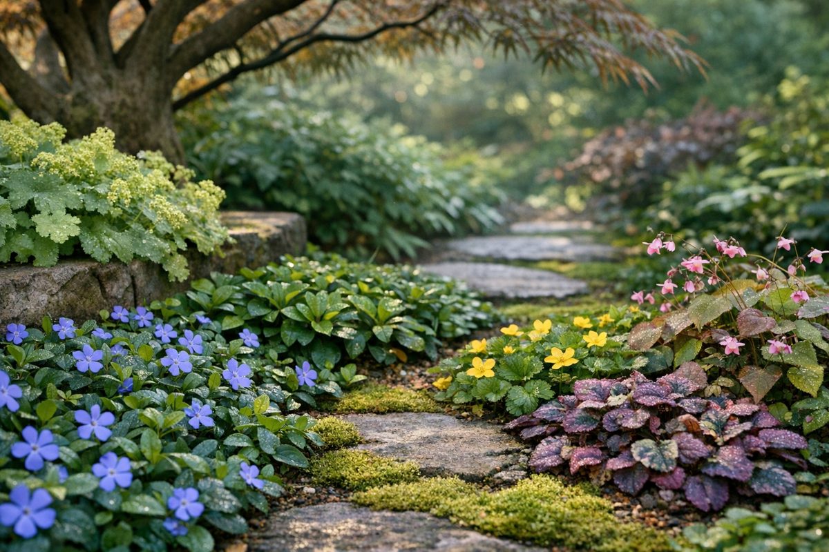 Bunddækkeplanter langs trædesten — Vinca, Waldsteinia, Ajuga og Epimedium under japansk løn