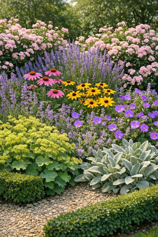 Companion planting bed med roser og lavendel, solhat og rudbeckia, løvefod og lammøre