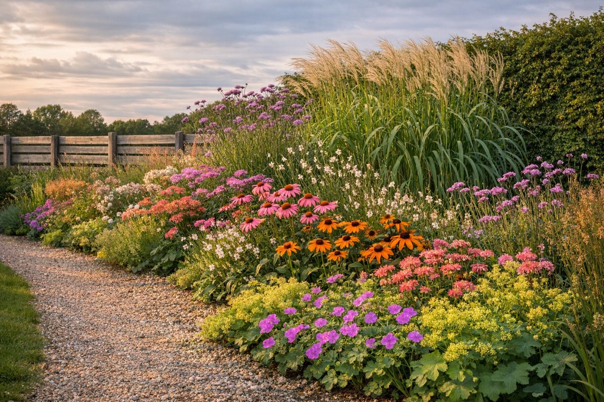 Frodigt staudebed med Echinacea, Rudbeckia og prydgræsser langs grusstien