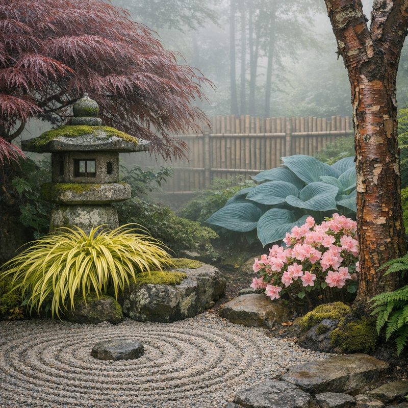 Japansk have med Acer palmatum, Hakonechloa, Hosta, Azalea og revet grus ved stenlanterne