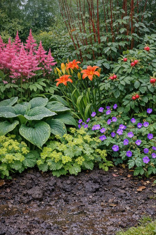 Lerjordsbed med Astilbe, daglilje, Hosta, løvefod og storkenæb i fugtig jord efter regn