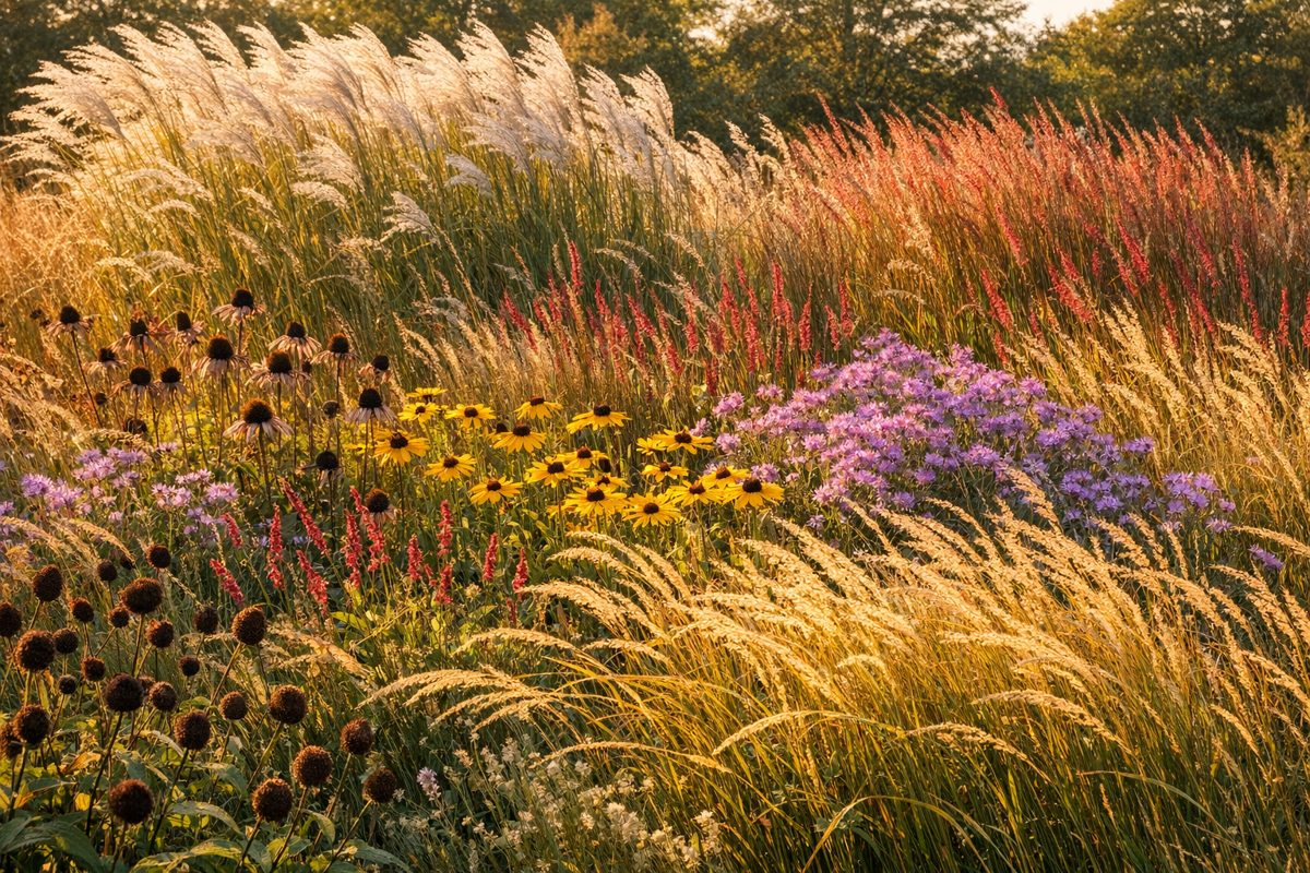 Naturalistisk præriehave i september med Miscanthus, Rudbeckia, Aster, Persicaria og Molinia i gylden aftensol