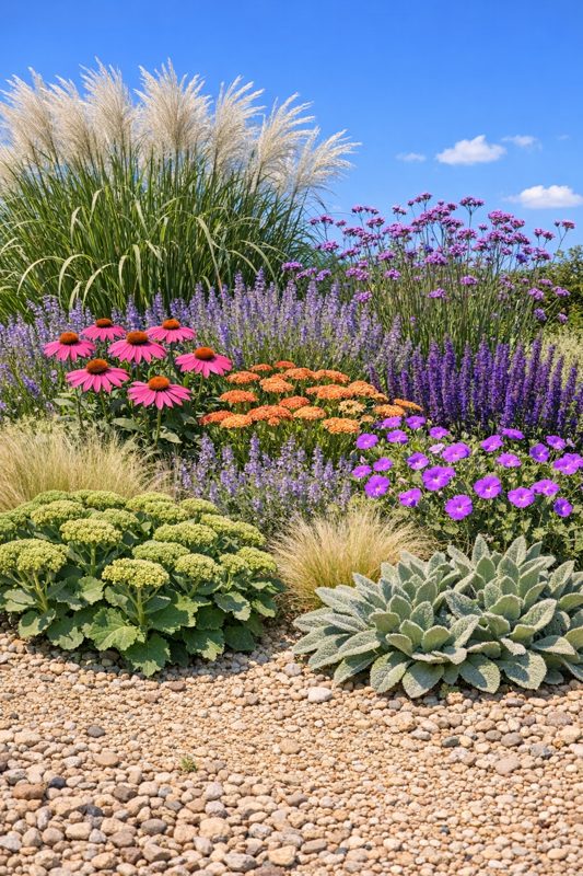 Solbed med Miscanthus, Echinacea, Achillea, Salvia og Sedum i grusmulch