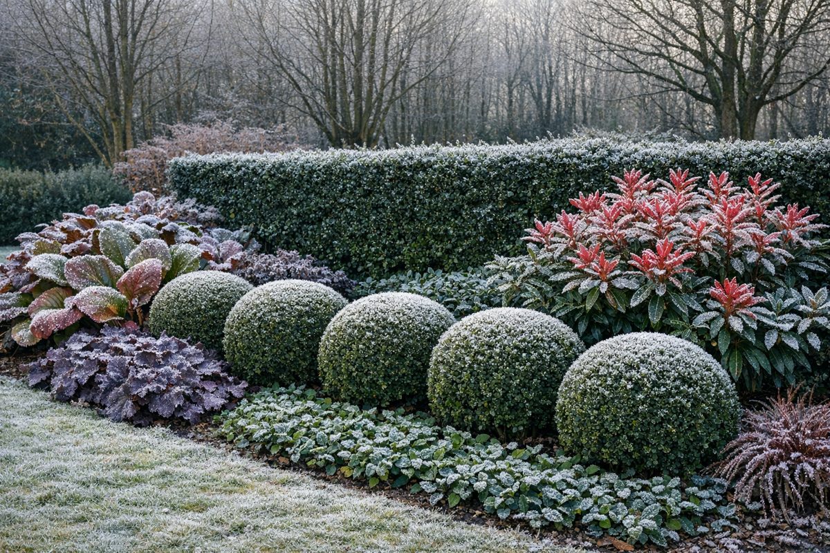 Stedsegrønt vinterbed med frostede buksbom-kugler, Bergenia, Heuchera og Pieris