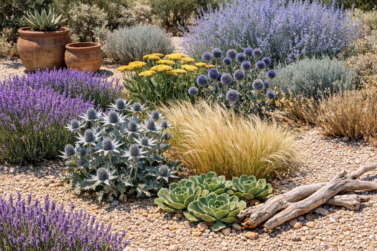 Tørketolerant grushave med lavendel, Eryngium, Stipa, Echinops og Achillea